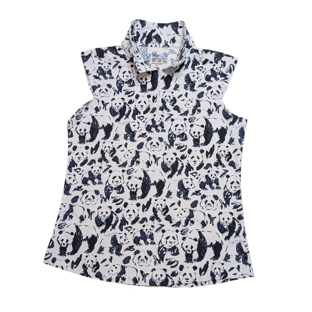 IBKUL Panda Print Golf Polo Womens M White Navy Sleeveless UPF 50 Cooling